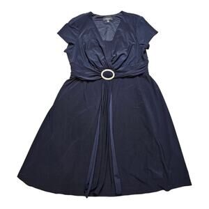 R & M Richard's Midi Navy Blue Cocktail Dress with Oval Rhinestone Brooch 18W
